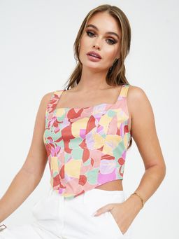 Styli - Sleeveless Abstract Print Asymmetric Hem Crop Top